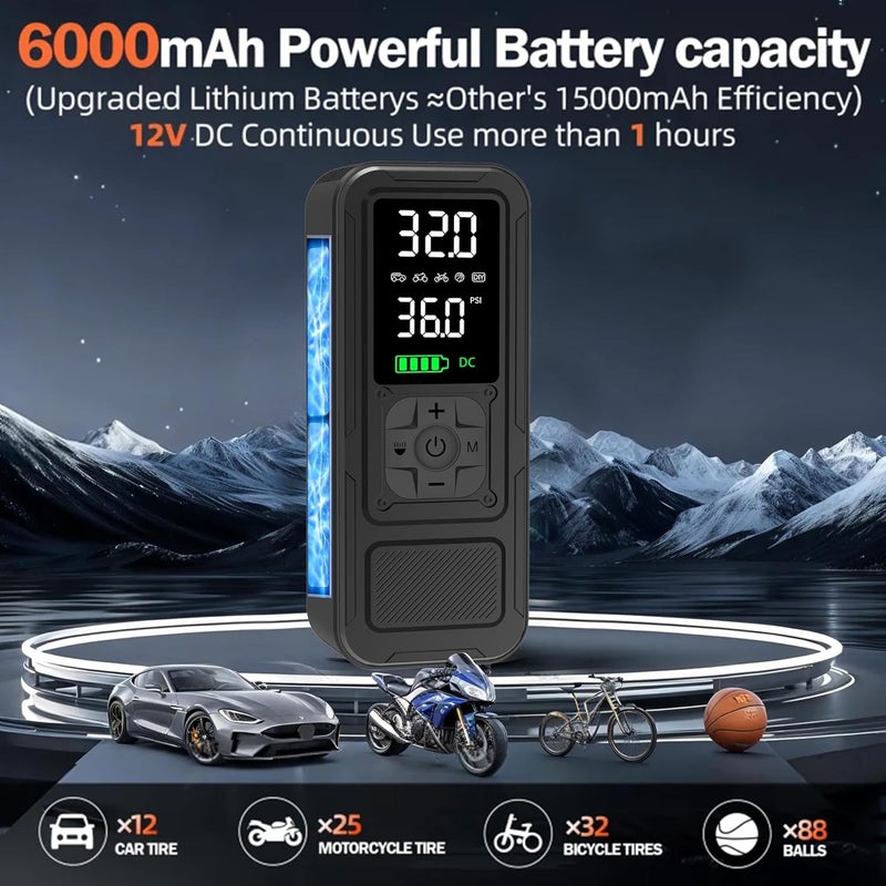 Calmara Y34 Tire Inflator Portable Air Compressor,4X Faster Inflation,6000mAh Cordless/12V DC 150PSI Air Pump with Digital Pressure Gauge for Car,Motorcycle,Bike,Valentines Day Gifts for Him - Image 4